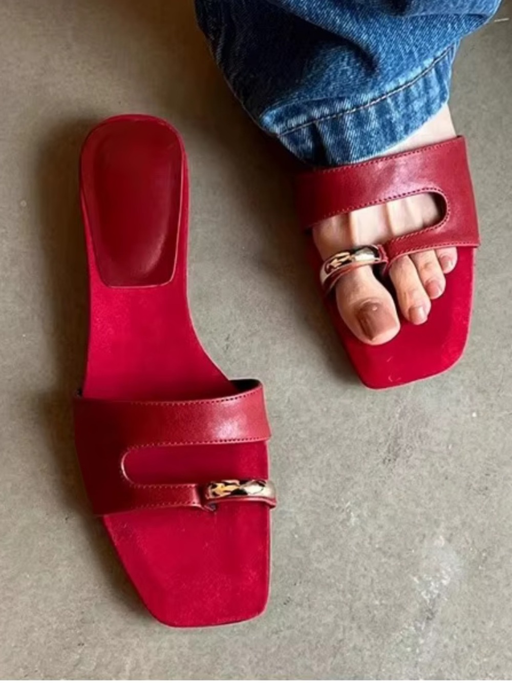 Women's Red Slide Sandals with Gold Accent